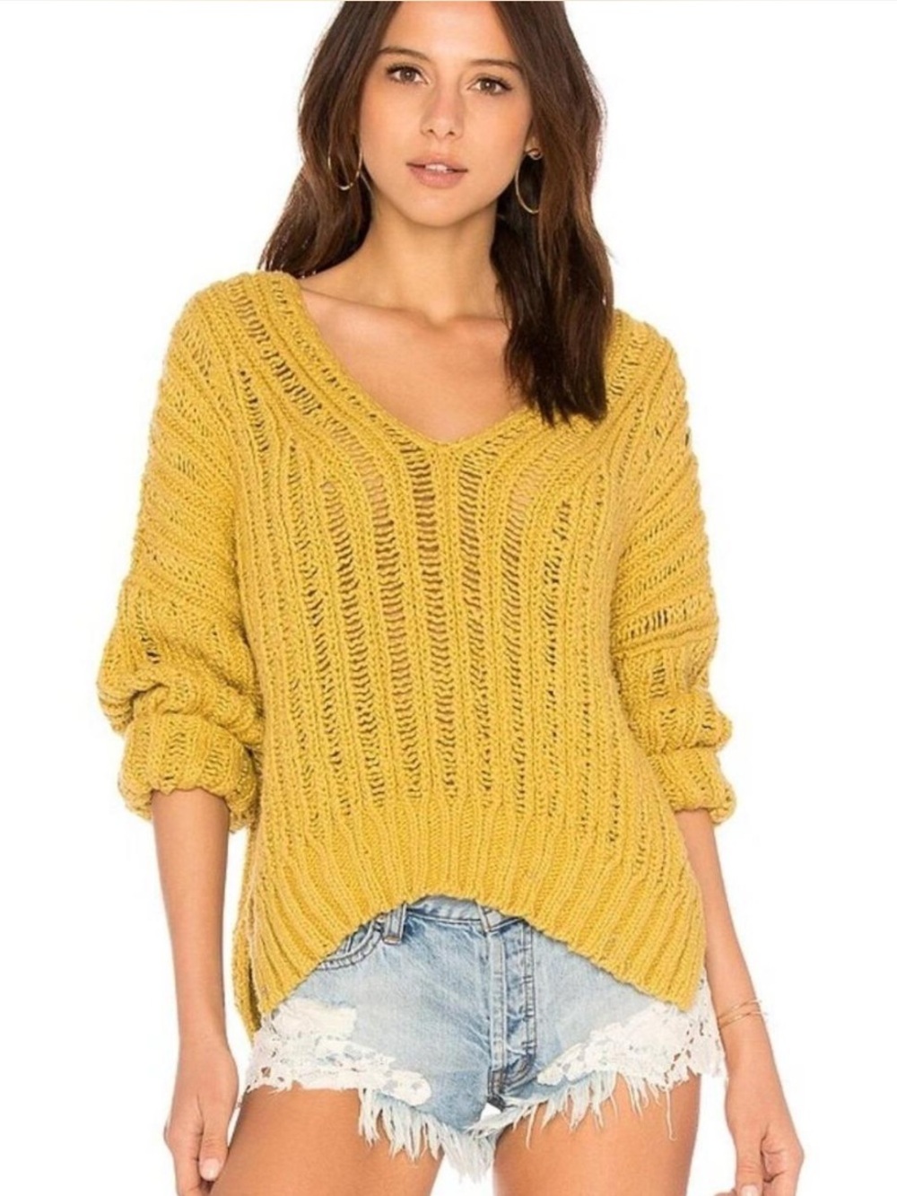 Free people Infinite Mustard Yellow V-Neck Open Knit Women's Sweater